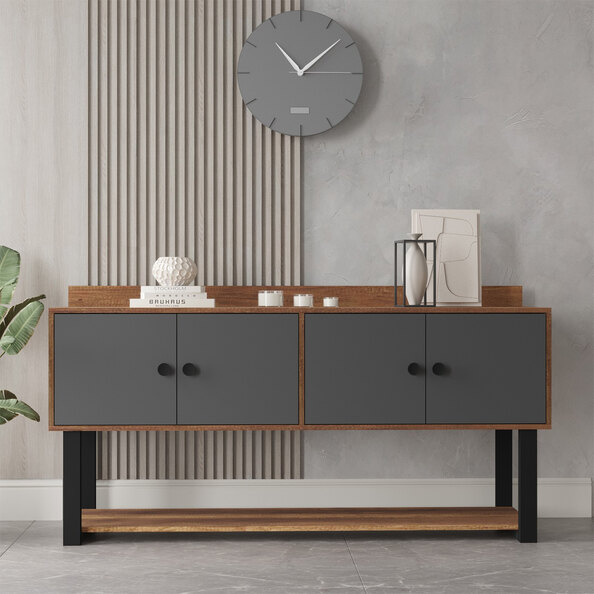 Moon Wooden Console Table with 4 Doors in Walnut and Anthracite
