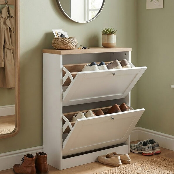 Morland Wooden Shoe Storage Cabinet with 2 Flap Doors in White and Oak