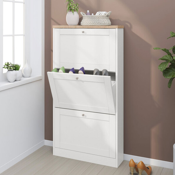 Morland Wooden Shoe Storage Cabinet with 3 Flap Doors in White and Oak