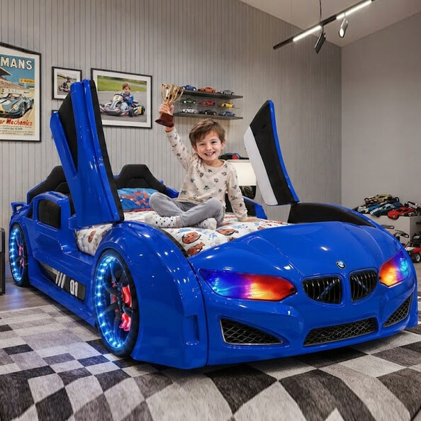 Motori Blue ABS BMW Children Car Bed with Leather Seat and LED