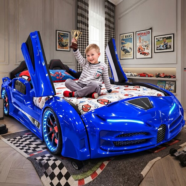 Motori Blue ABS Bugatti Children Car Bed with Leather Seat and LED