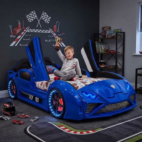Motori Blue ABS Lamborghini Children Car Bed with Leather Seat and LED