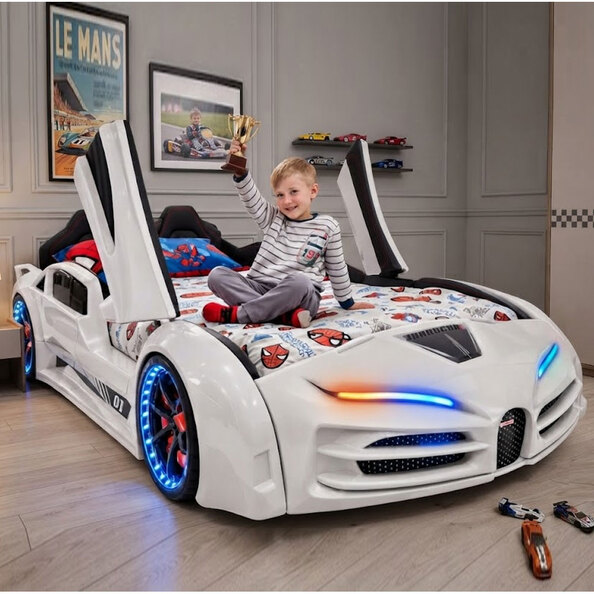 Motori White ABS Bugatti Children Car Bed with Leather Seat and LED