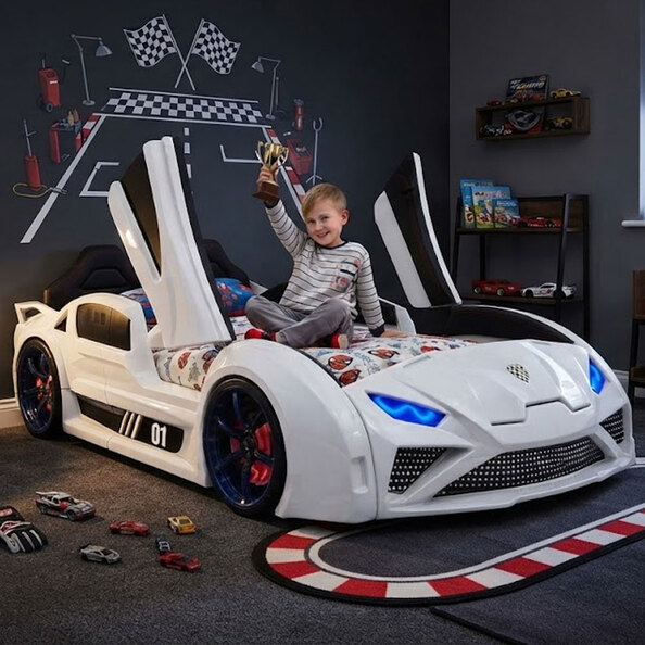 Motori White ABS Lamborghini Children Car Bed with Leather Seat and LED