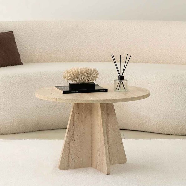 Mushroom Round Wooden Coffee Table in Travertine Marble Effect
