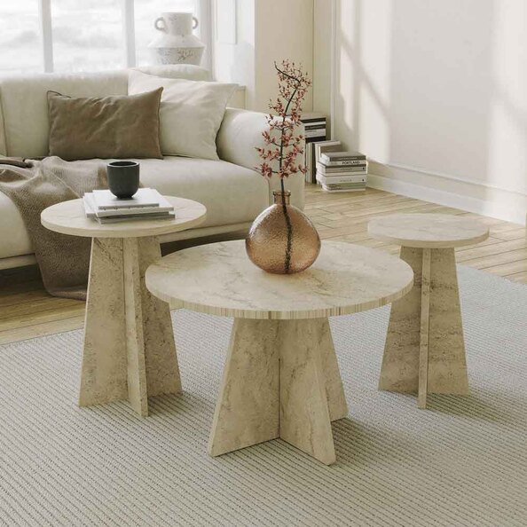 Mushroom Round Wooden Nesting Coffee Table in Travertine Marble Effect