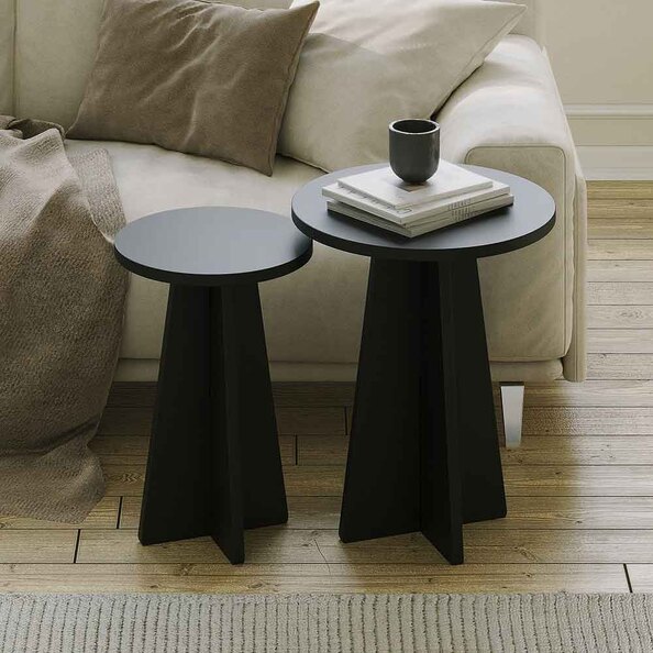 Mushroom Round Wooden Nesting Side Tables in Black