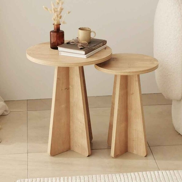 Mushroom Round Wooden Nesting Side Tables in Sapphire Oak