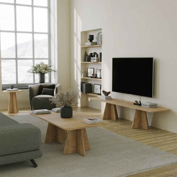 Mushroom Wooden Living Room Set in Sapphire Oak