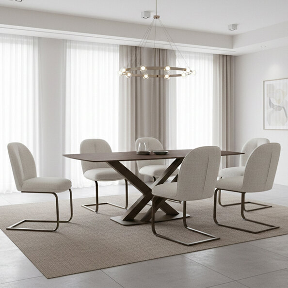 Myrex Walnut Sintered Stone Dining Table with 6 White Chairs