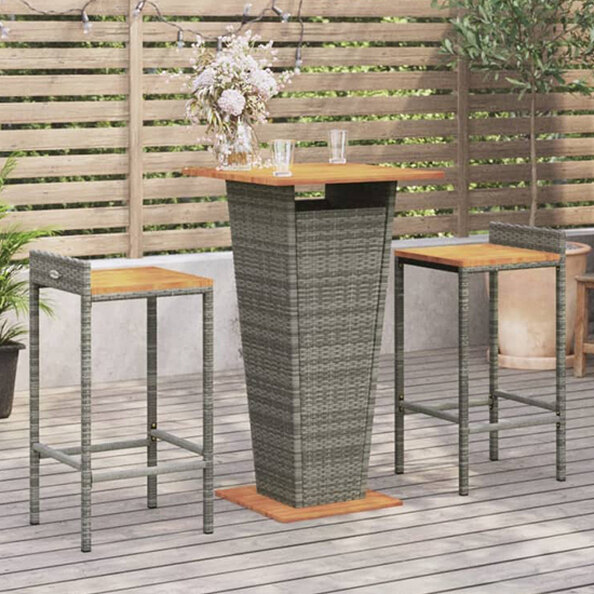 Naava Solid Wood 3 Piece Garden Bar Set In Grey Poly Rattan