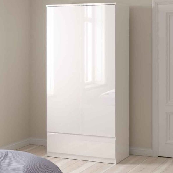 Nakou High Gloss Wardrobe With 2 Doors 1 Drawer In White
