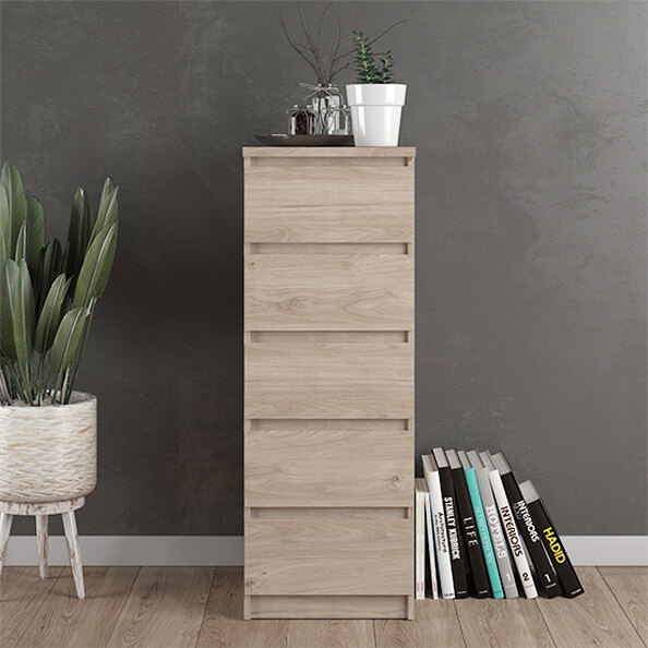 Nakou Narrow Wooden Chest Of 5 Drawers In Oak