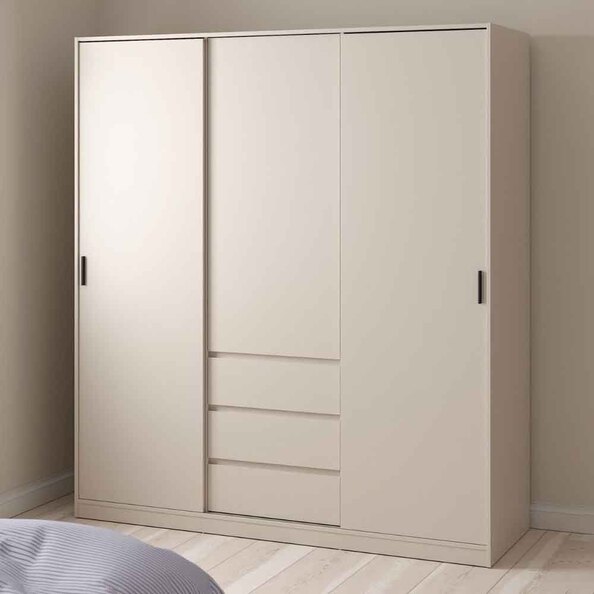 Nakou Wooden Wardrobe with 2 Sliding Doors and 3 Drawers in Cashmere