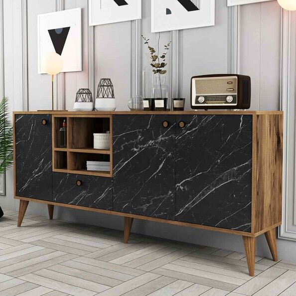 Napoli Wooden Sideboard with 4 Doors in Black Marble and Walnut