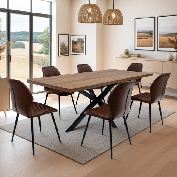 Nassau Dark Oak Large Rectangular Wooden Extending Dining Table with 6 Foni Tan Chairs