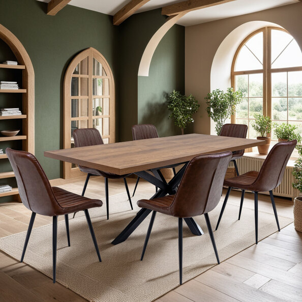 Nassau Dark Oak Large Rectangular Wooden Extending Dining Table with 6 Pomia Tan Chairs