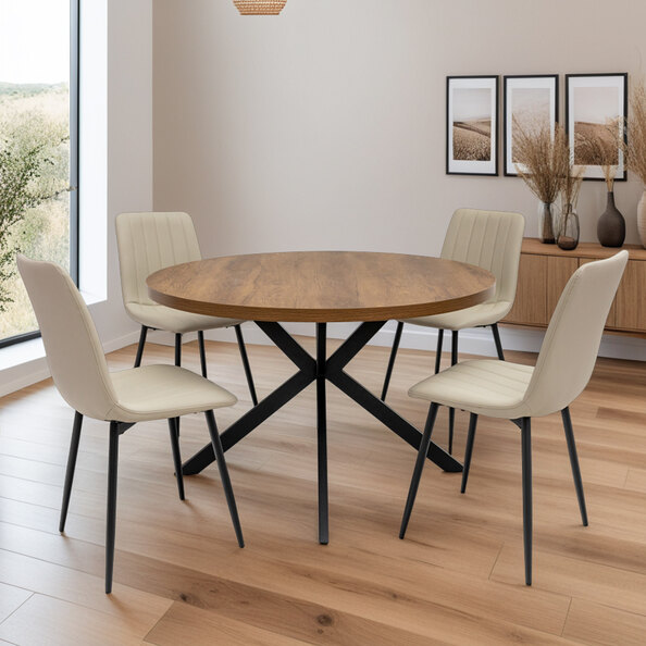 Nassau Dark Oak Large Wooden Dining Table with 4 Pomel Stone Chairs
