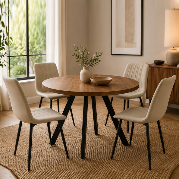 Nassau Dark Oak Small Round Wooden Dining Table with 4 Pomel Stone Chairs