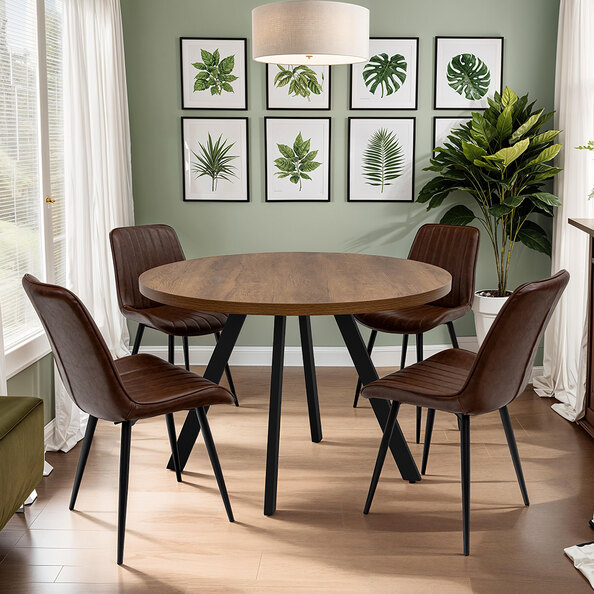 Nassau Dark Oak Small Round Wooden Dining Table with 4 Pomia Tan Chairs