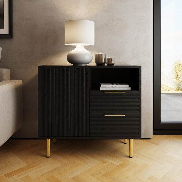 Natick Wooden Bedside Cabinet with 2 Drawers in Black
