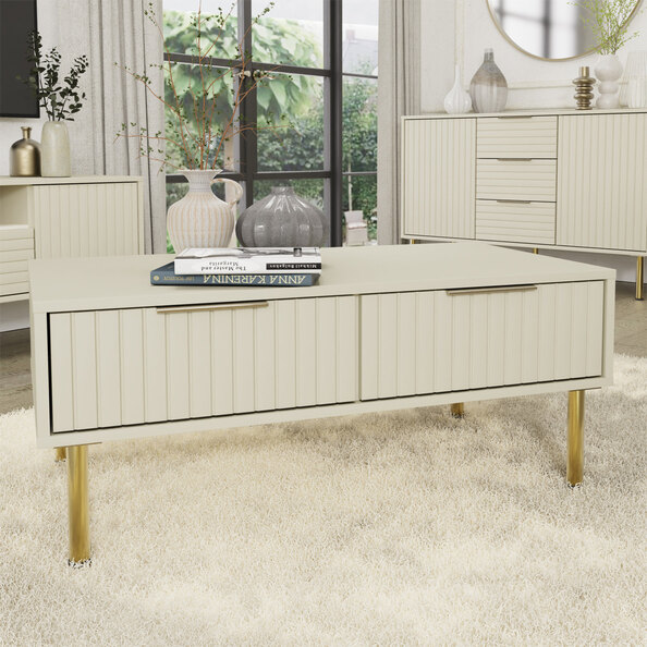 Natick Wooden Coffee Table With 2 Drawers In Ivory