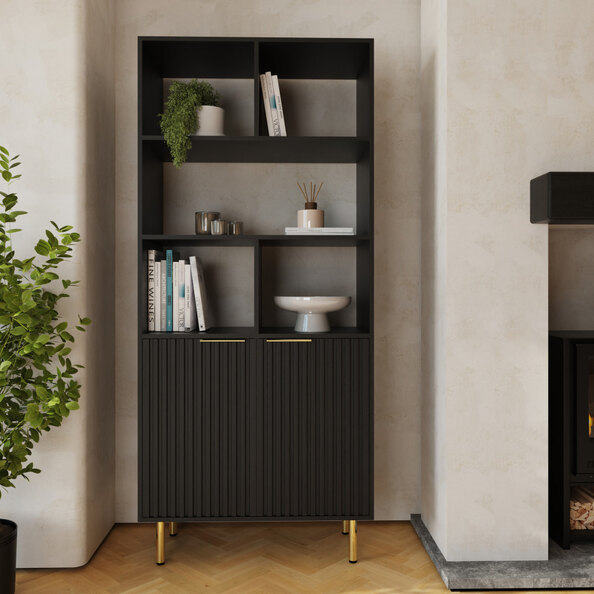 Natick Wooden Shelving Unit with 2 Doors in Black