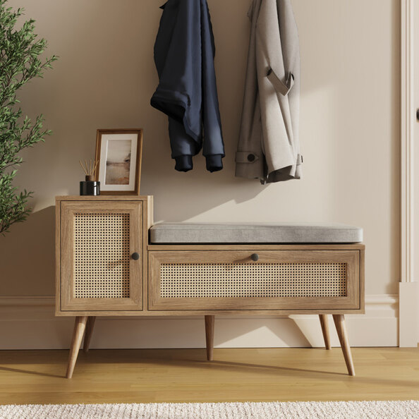 Navion Rattan Shoe Storage Bench with 2 Doors in Oak