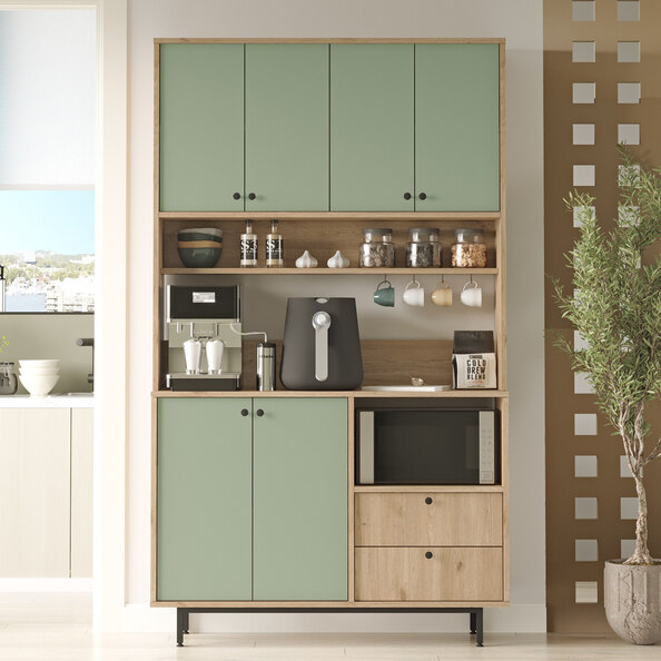 Velano Wide Wooden Coffee Station Cabinet with 6 Green Doors in Oak
