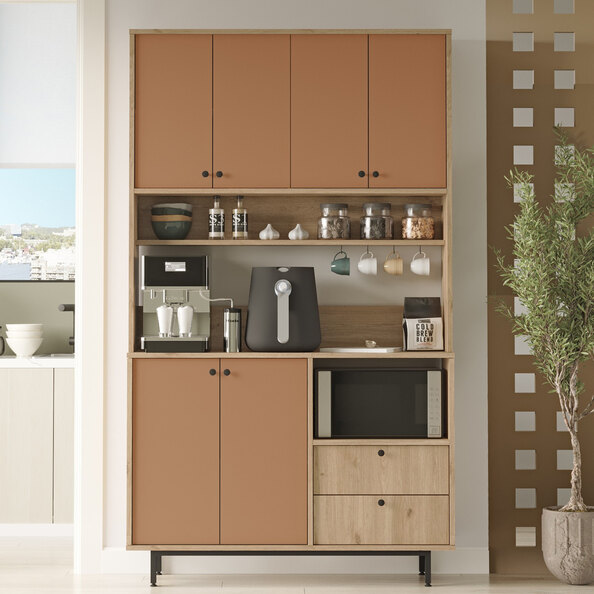Velano Wide Wooden Coffee Station Cabinet with 6 Tile Red Doors in Oak