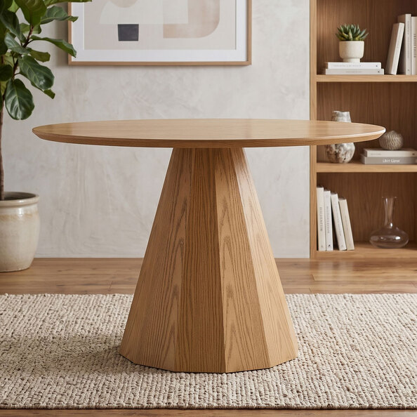 Nertan Round Solid Wood Dining Table in Rich Oak Veneer