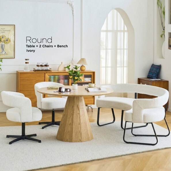 Nertan Round Solid Wood Dining Table Set in Ivory and Oak