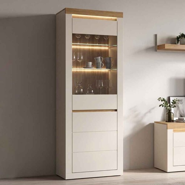 Nessa Wooden Display Cabinet 1 Door in Cashmere and Stone Oak with LED