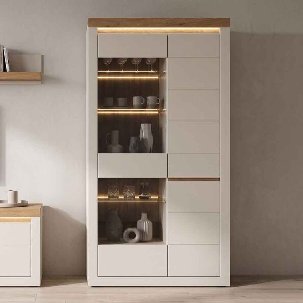 Nessa Wooden Display Cabinet 2 Doors in Cashmere and Stone Oak with LED