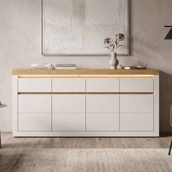 Nessa Wooden Sideboard 4 Doors 4 Drawers in Cashmere and Stone Oak with LED