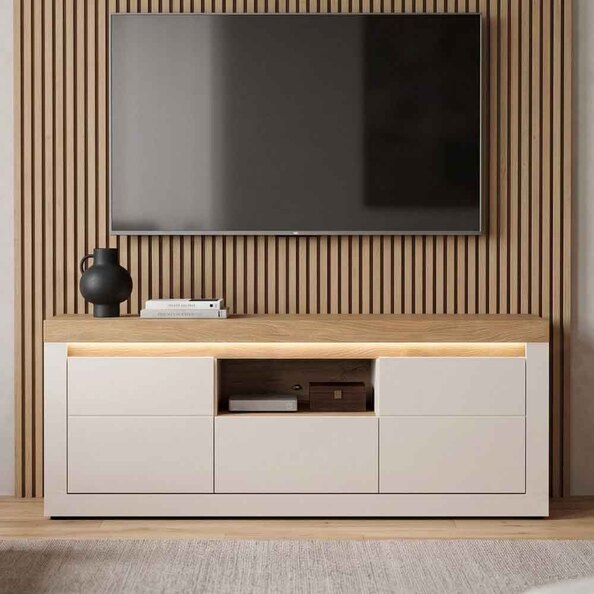 Nessa Wooden TV Stand 2 Doors 1 Drawer in Cashmere and Stone Oak with LED