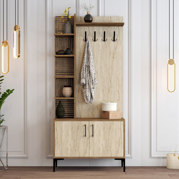 Nestor Wooden Coat Stand with 2 Doors in Walnut and Travertine Marble Effect