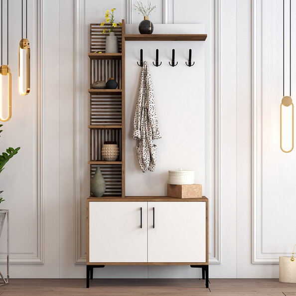 Nestor Wooden Coat Stand with 2 Doors in Walnut and White