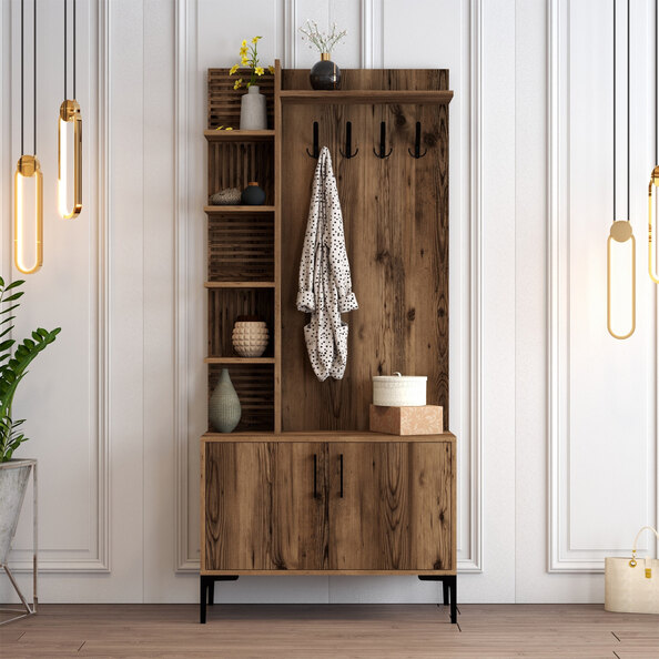 Nestor Wooden Coat Stand with 2 Doors in Walnut