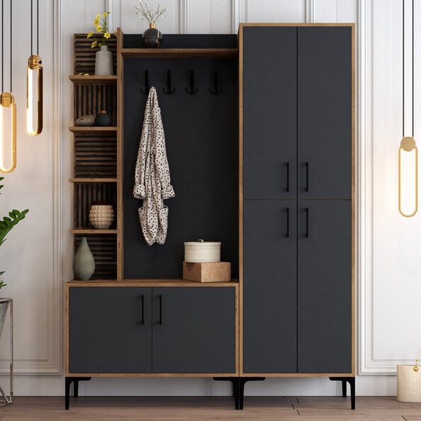 Nestor Wooden Coat Stand with 6 Doors in Walnut and Anthracite