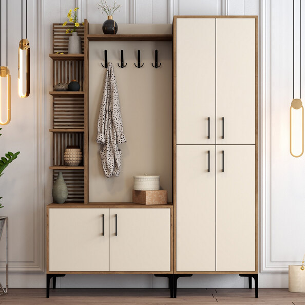 Nestor Wooden Coat Stand with 6 Doors in Walnut and Cream