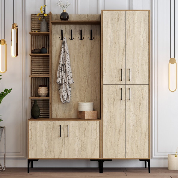 Nestor Wooden Coat Stand with 6 Doors in Walnut and Travertine Marble Effect