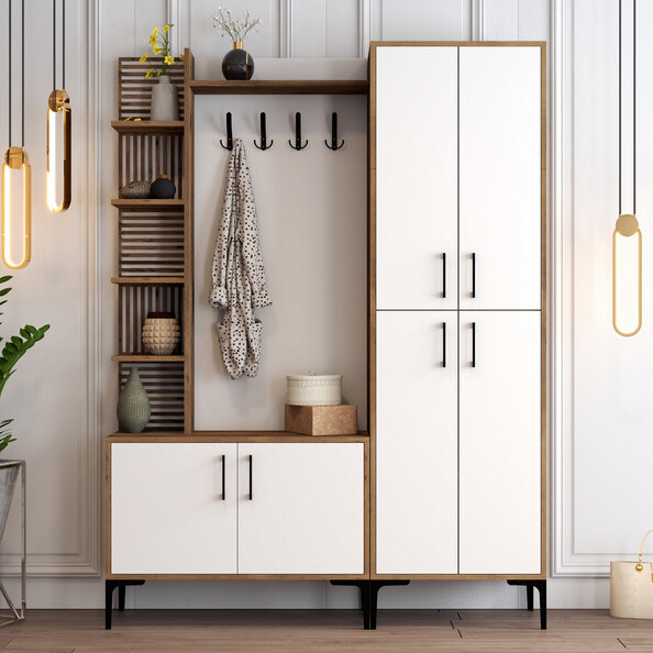 Nestor Wooden Coat Stand with 6 Doors in Walnut and White