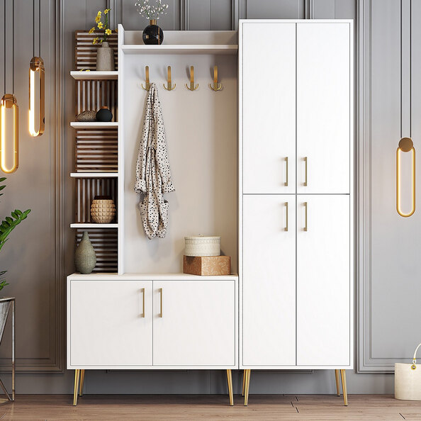 Nestor Wooden Coat Stand with 6 Doors in White and Gold
