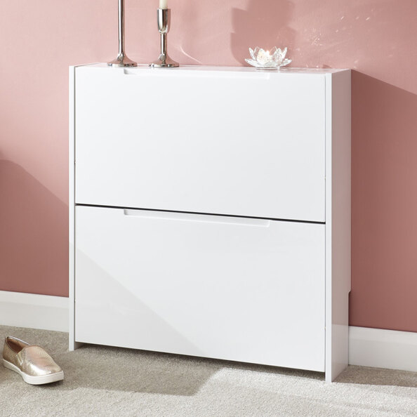 Newquay High Gloss Shoe Cabinet With 2 Flap Doors In White