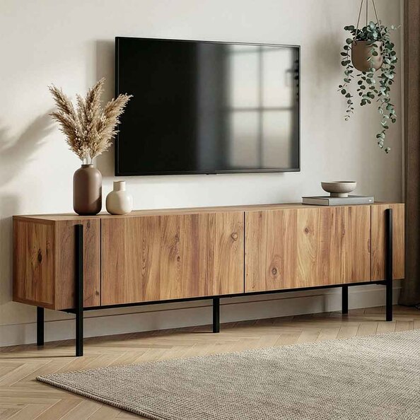 Nexio Wooden TV Stand with Metal Legs in Atlantic Pine and Black