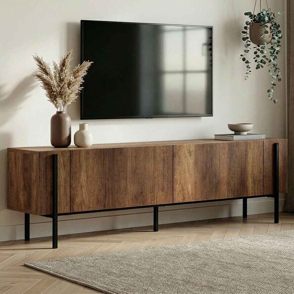 Nexio Wooden TV Stand with Metal Legs in Barok Walnut and Black
