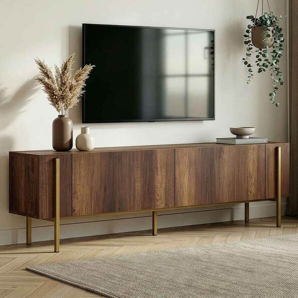Nexio Wooden TV Stand with Metal Legs in Barok Walnut and Gold