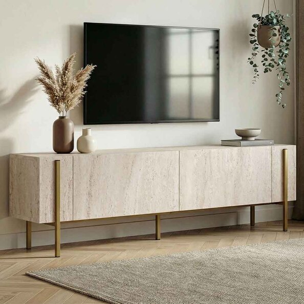 Nexio Wooden TV Stand with Metal Legs in Travertine Marble Effect and Gold