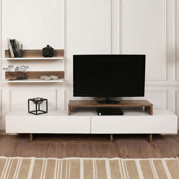 Nilora Wooden TV Stand with Wall Shelf in White and Teak